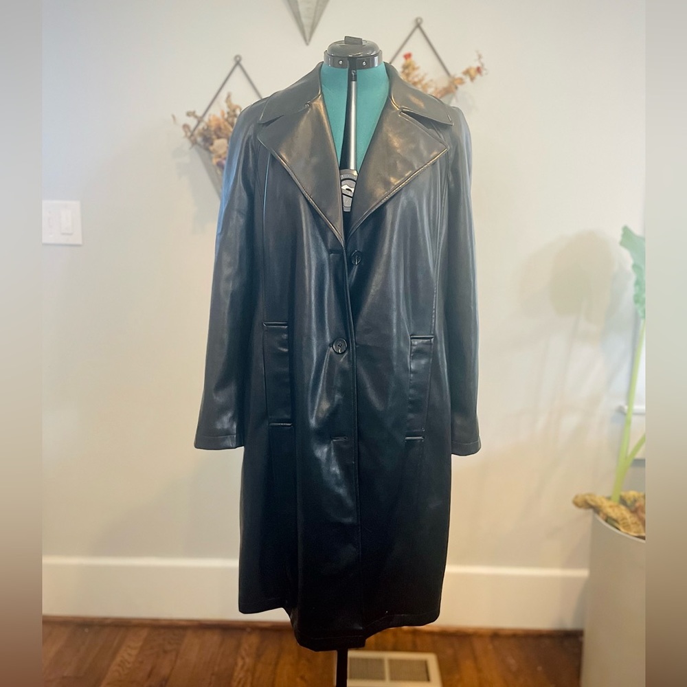 Avec Les Filles Black Faux Leather Long Trench Style Jacket